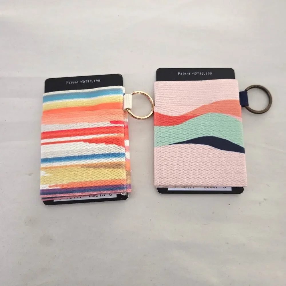 NEW Lot of 2 Thread Keychain Elastic Wallet Card Holders Mulitcolor Rainbow